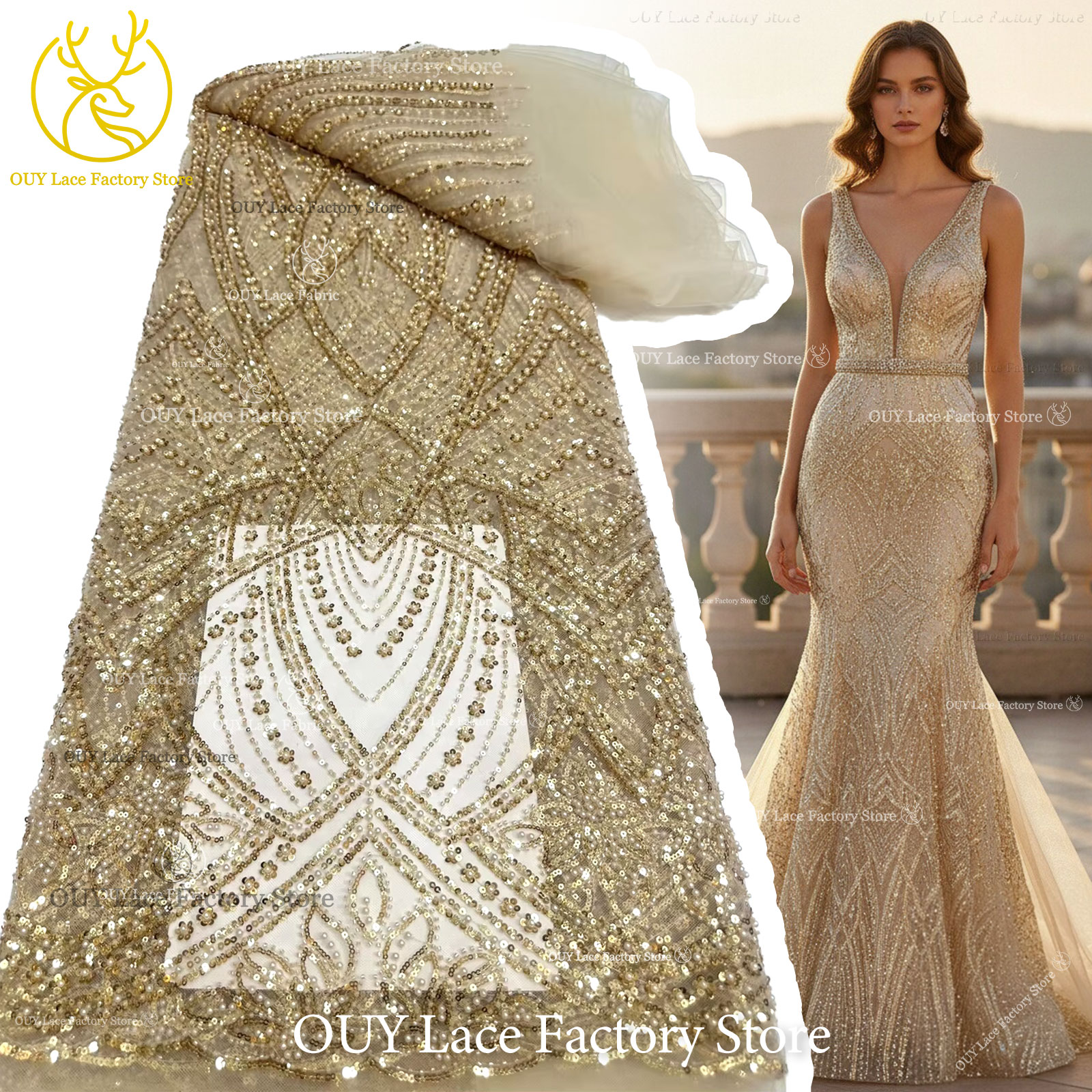 African Gold Beaded Lace Fabri - Glitter Tablecloth reseña y precio