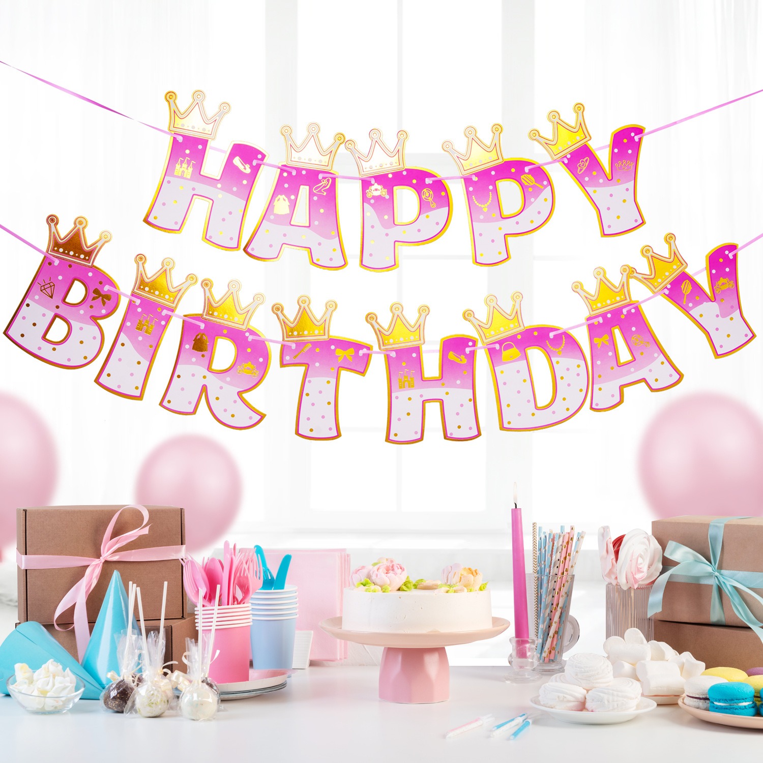 Pink Stamping Gold Crown Theme - Party Banner Gold reseña y precio
